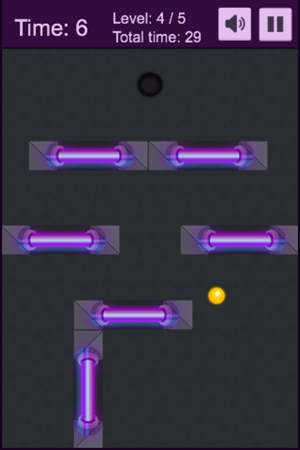 Ein 2D-Spielbrett mit einer kleinen gelben Kugel. Es gibt ein großes schwarzes Loch, in das die Kugel entkommen kann, und eine Anzahl von Barrieren, die die Kugel daran hindern zu entkommen.