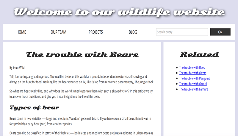 Screenshot der fertigen Herausforderungssite mit gutem Farbkontrast. Das Sucheingabefeld hat Platzhaltertext und einen Senden-Button mit der Beschriftung "go", jedoch kein sichtbares Label.