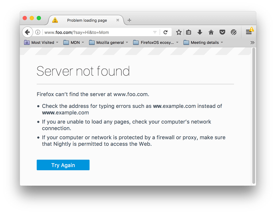 Die geänderte URL mit Abfrageparametern nach dem Absenden des Formulars mit der GET-Methode mit einer "Server nicht gefunden"-Fehlerseite des Browsers