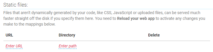 PythonAnywhere Abschnitt für statische Dateien des Web-Tabs