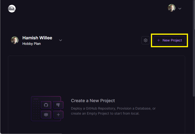 Railway-Website-Dashboard mit der Schaltfläche für ein neues Projekt