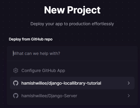 Screen der Railway-Website, der ein Dialogfeld zeigt, um ein vorhandenes GitHub-Repository auszuwählen oder ein neues auszuwählen