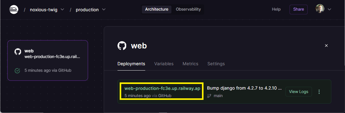 Railway Webseite Bildschirm - Bereitstellung