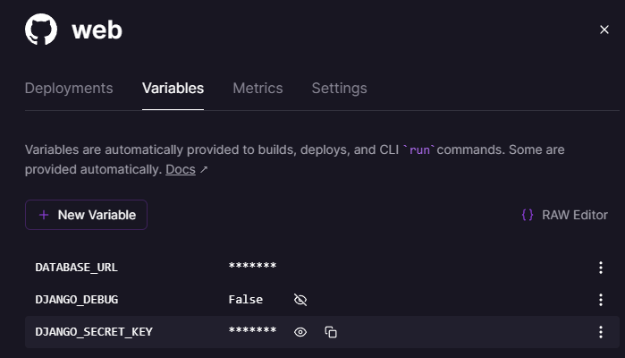 Railway Bildschirm, der alle Variablen des Projekts zeigt
