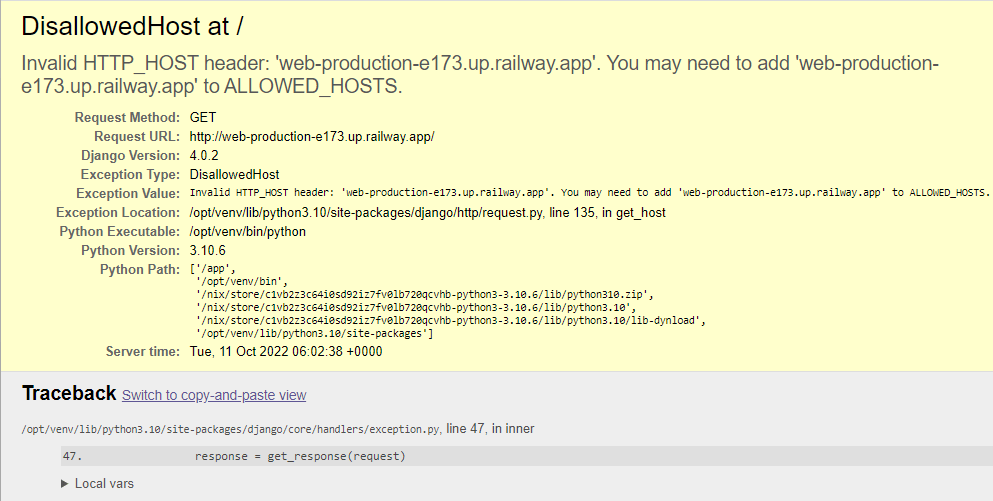 Eine detaillierte Fehlerseite mit einem vollständigen Traceback eines ungültigen HTTP_HOST-Header