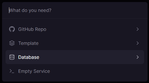 Railway-Popup mit Optionen für einen neuen Dienst, wie Datenbank, GitHub-Repo, leerer Dienst usw.