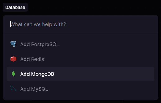 Railway-Popup mit unterschiedlichen Datenbanken, die ausgewählt werden können: Postgres, MySQL, MongoDB usw.