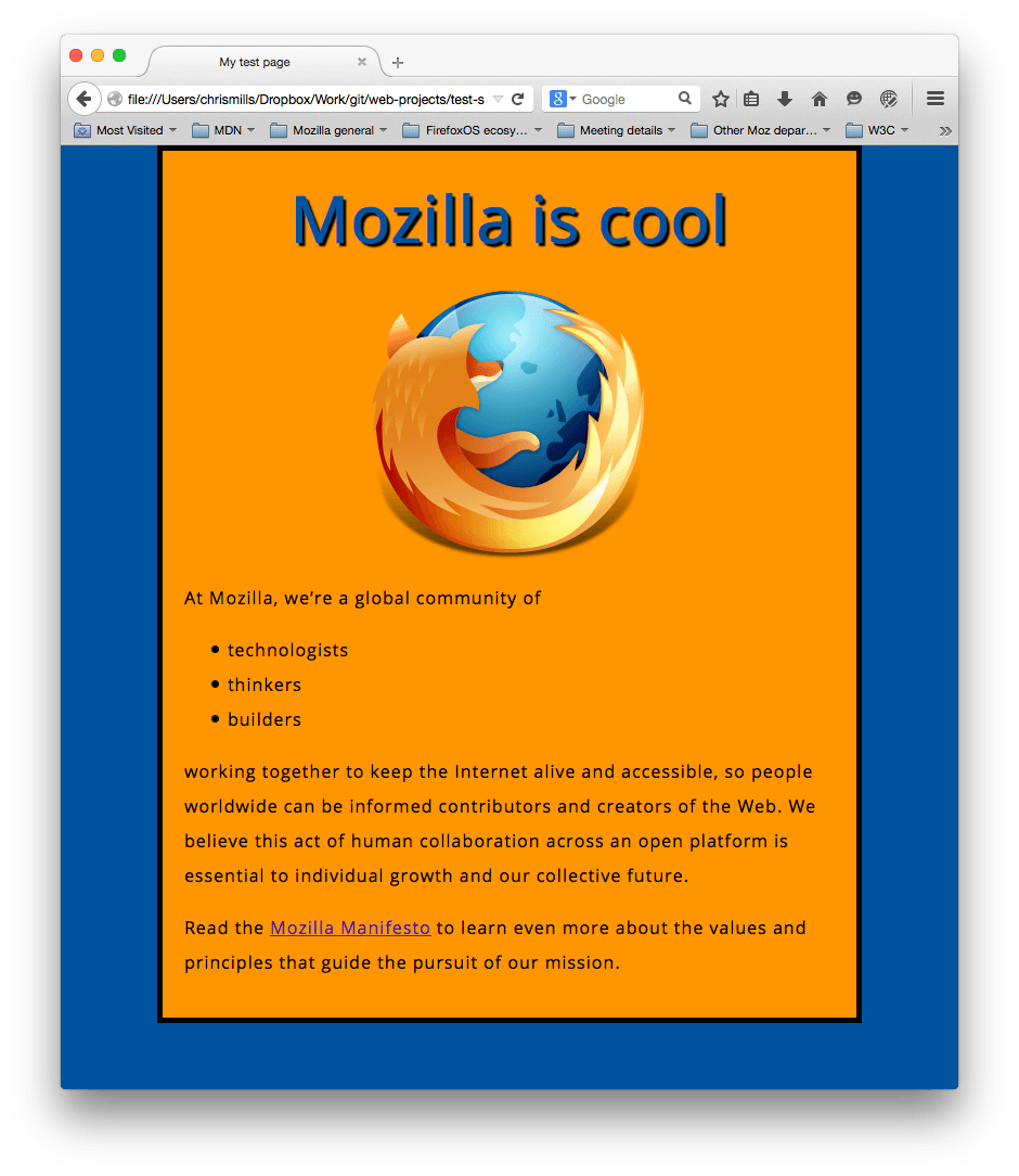 Ein Mozilla-Logo, zentriert und eine Überschrift und Absätze. Es sieht jetzt schön gestylt aus, mit einem blauen Hintergrund für die ganze Seite und einem orange Hintergrund für den zentrierten Hauptinhaltstreifen.