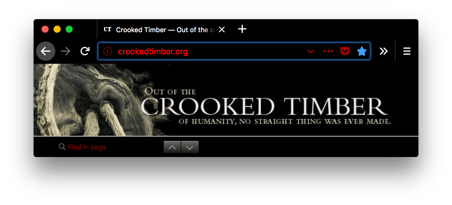 Ein Screenshot eines Browserfensters mit einem geöffneten Tab. Der Browser ist schwarz. Die Tabs und die URL-Leiste des Browsers sind schwarz mit weißem Text und Symbolen. Der Text innerhalb der URL-Leiste ist rot. Die Symbole und das 'In Seite suchen'-Feld haben roten Text mit schwarzem Hintergrund.
