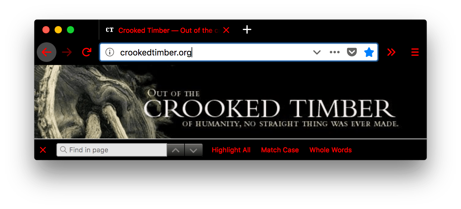 Ein Screenshot eines Browserfensters mit einem geöffneten Tab. Der Browser ist schwarz. Die Tabs, Suchleiste und die URL-Leiste des Browsers sind schwarz mit rotem Text und Symbolen. Der Text innerhalb des aktiven Tabs, der Navigationsleiste und der Suchleiste ist rot.